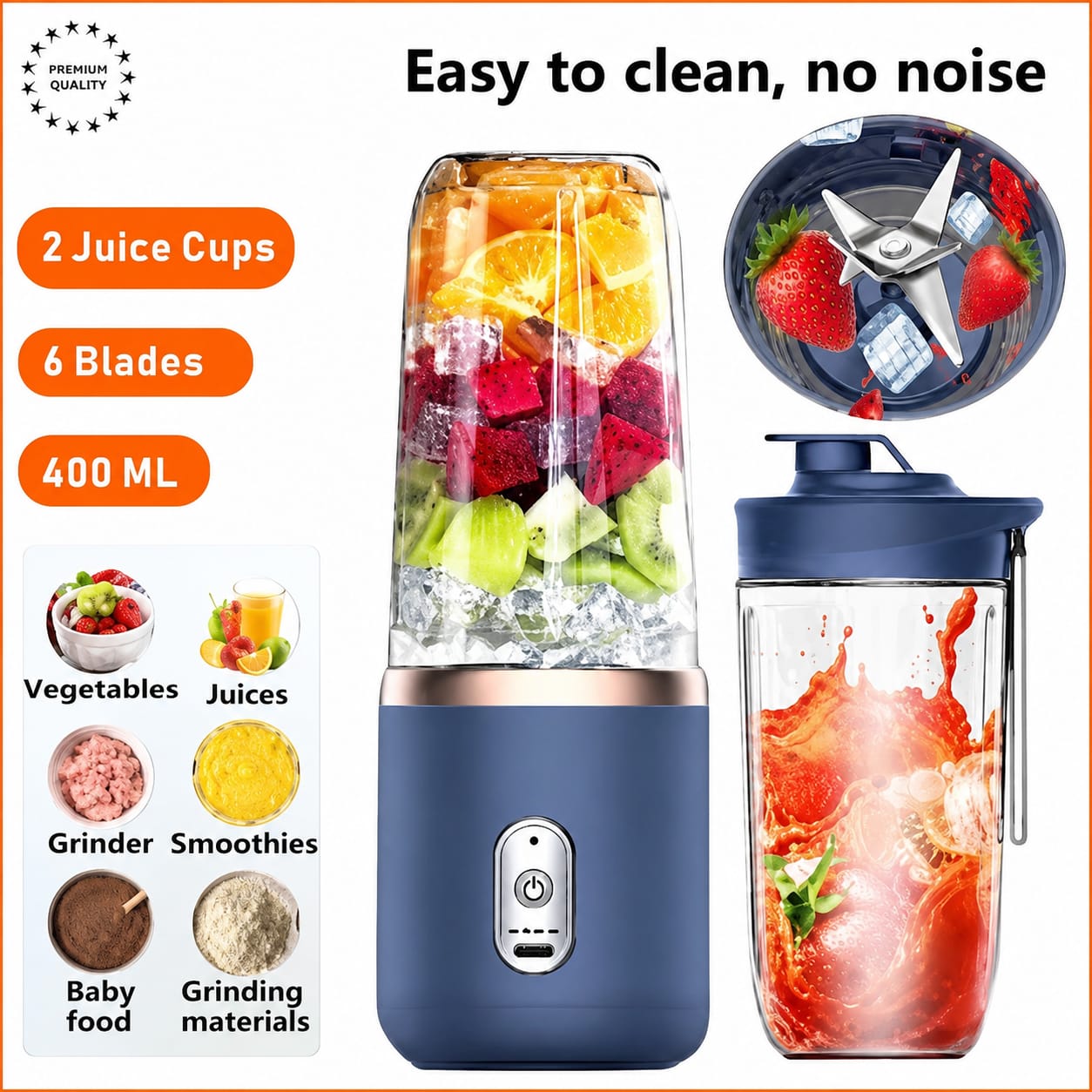 Portable USB Rechargeable Mini Juicer Blender with Sports Bottle | 6-Blade Smoothie Maker | 400ml