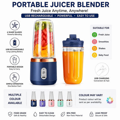 Portable USB Rechargeable Mini Juicer Blender with Sports Bottle | 6-Blade Smoothie Maker | 400ml