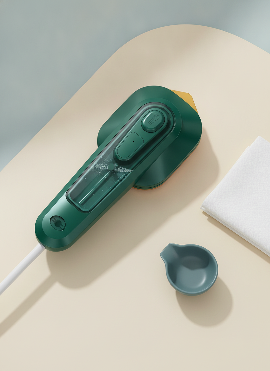 Close-up flat-lay of a compact 2-in-1 portable steam iron with a shiny titanium panel on a warm cream background.